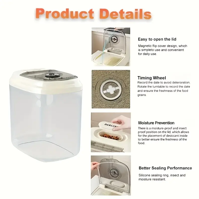 large capacity plastic rice storage container with handle and measuring cup lid reusable square grain dispenser suitable for rice flour and hand washable insect moisture proof seal kitchen storage solution transparent food storage Product details 5