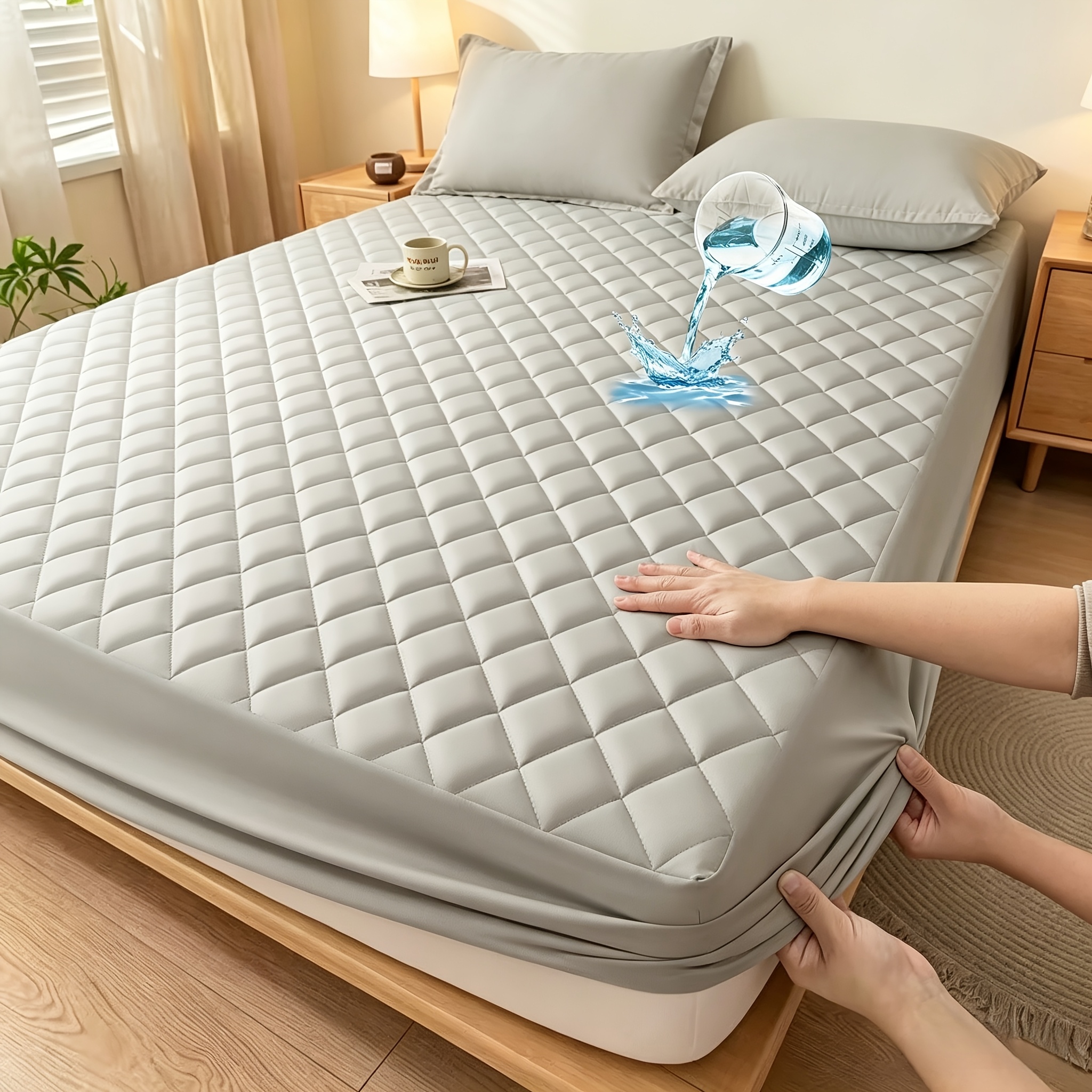 Image of 1pc Rhinestone Quilted Mattress Cover, Deep Pocket Fitted Sheet Style Protector, Breathable And Durable Bed Cover For Bedroom And Hotel