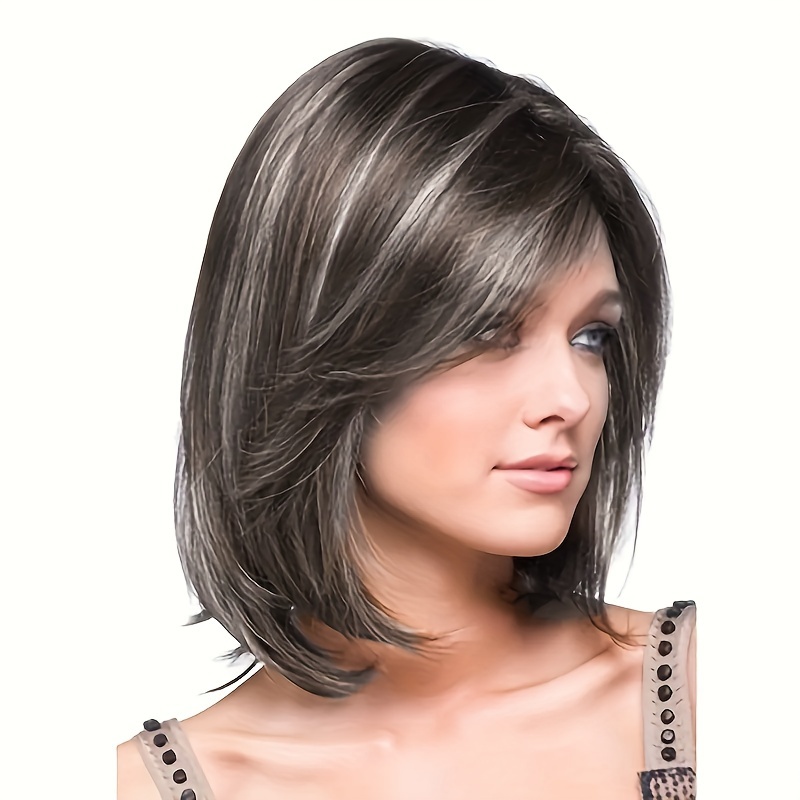 

Women's Short Bob Wig, Brown Mixed Grey White, Shoulder Length Synthetic Hair With Side Bangs, Straight Blonde , Rose Cap, All , High-temperature Fiber,