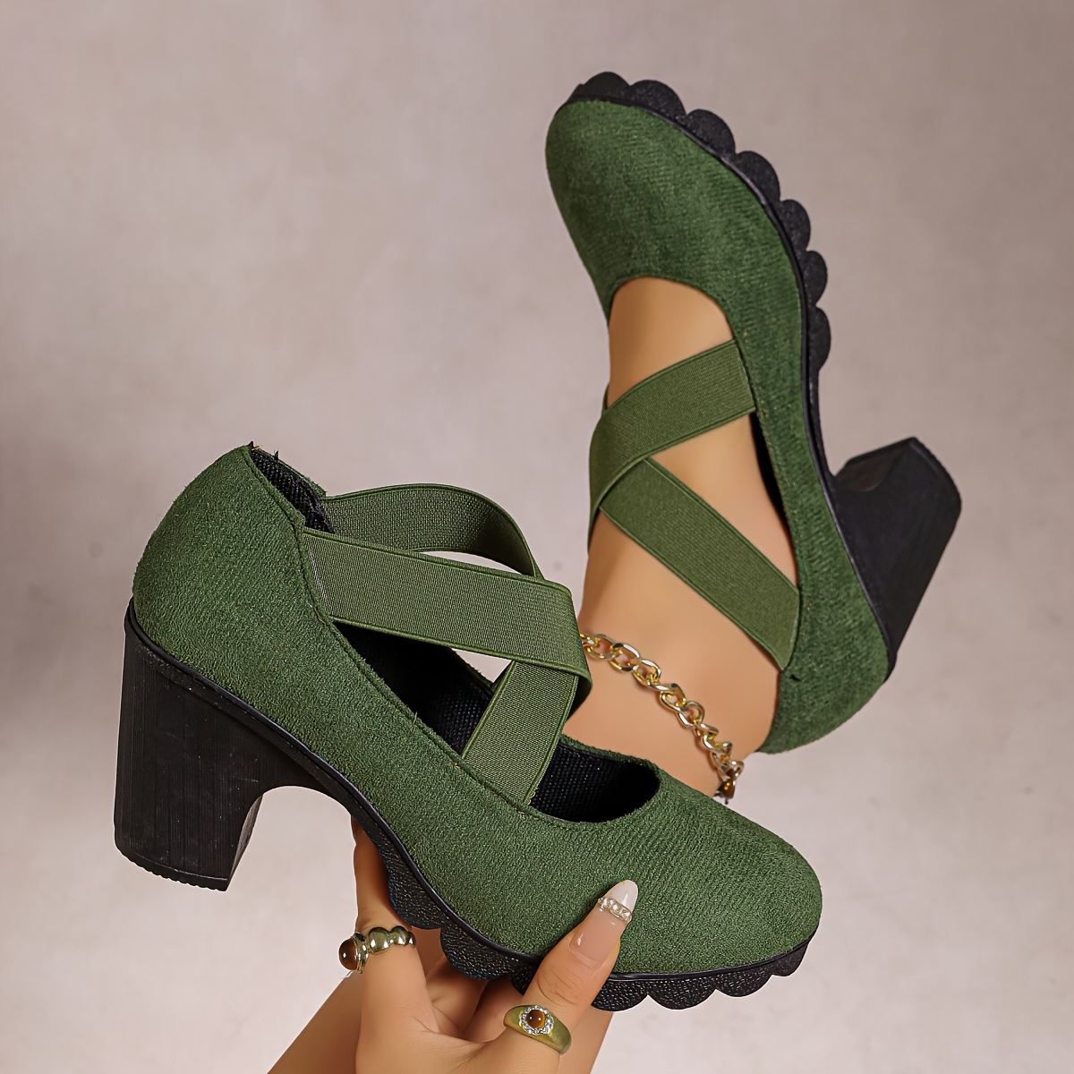 TEMU Green Cover Shoes - Chunky High Heel Round Toe Wavy Edge Platform Sneakers With Criss-cross Elastic Strap Suitable For,, Casual Attire, Women