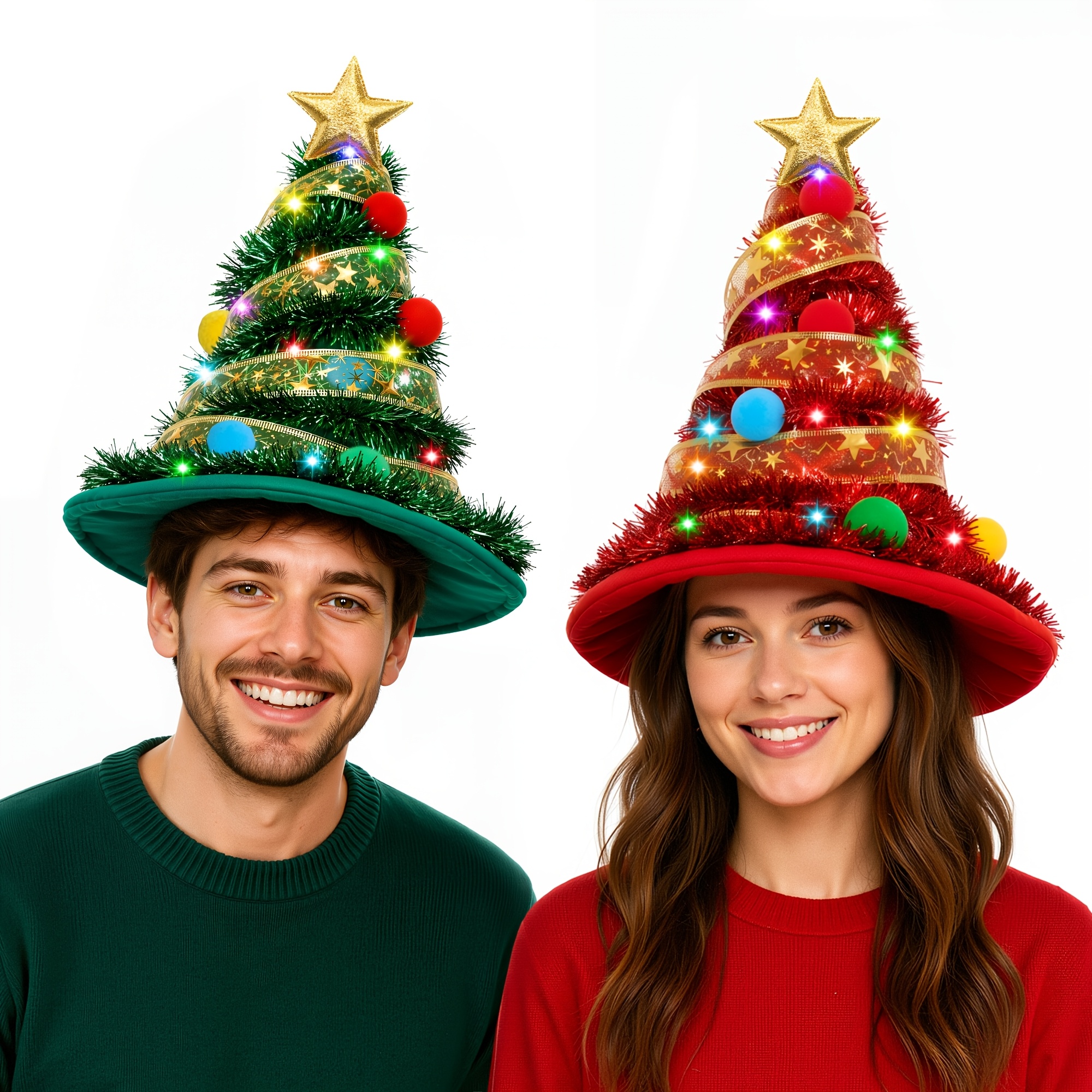 TEMU 2pcs Christmas Tree Shaped Party Hats, Light Up Holiday Hats With Decoration & 20 Led Lights, Color Changing Christmas Tree Hats For Adult