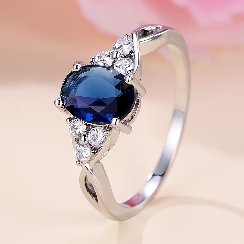 TEMU A Women's Ring Featuring An Oval Blue Synthetic Synthetic Zirconia, Offering , Simple, Elegant, Exquisite, Fashionable, Luxurious, And Versatile