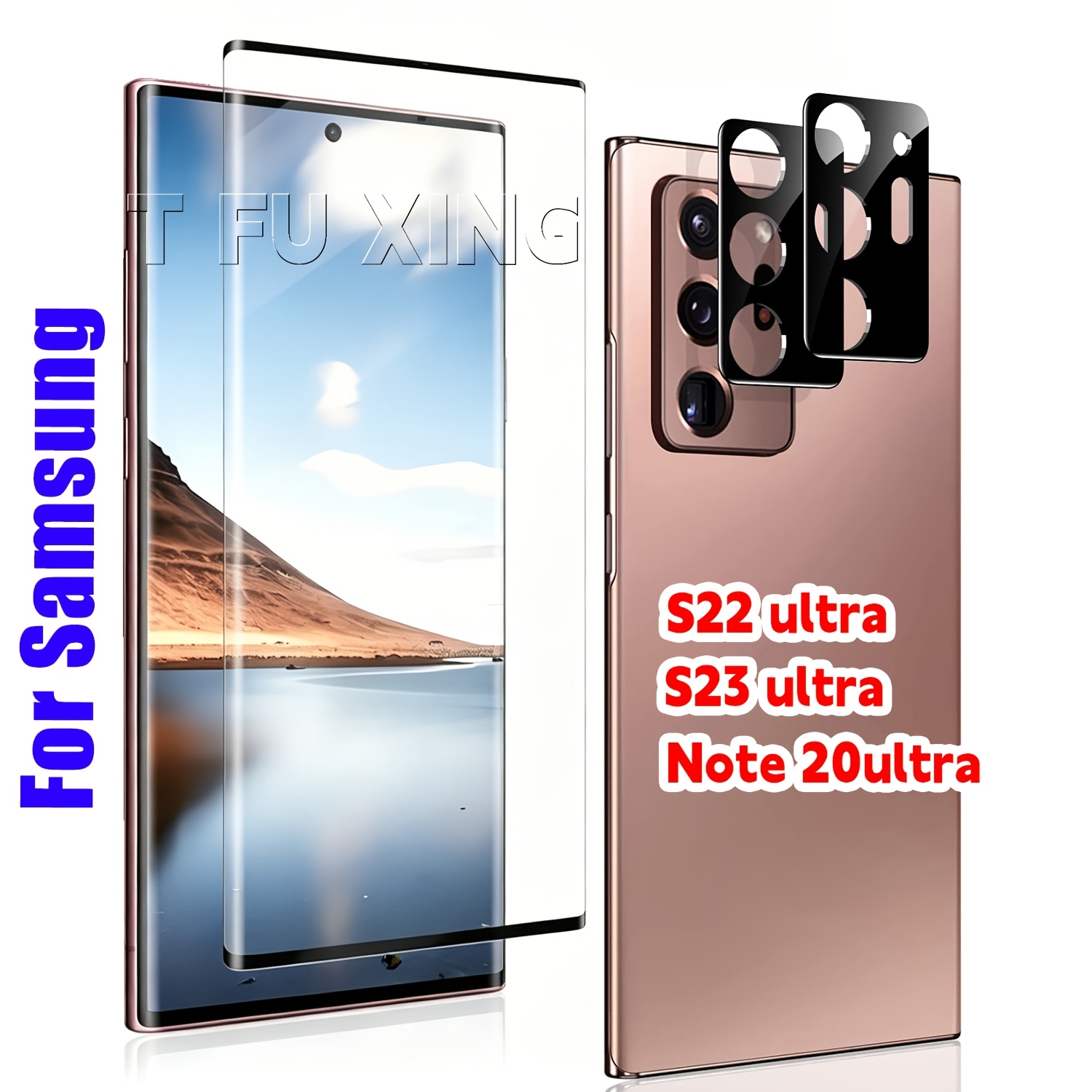 TEMU 1pc Full Screen 3d Hot Bending Curved Tempered Glass With 2pcs Lens Protector For S22 Ultra S23 Ultra Note 20 Ultra, Definition Light