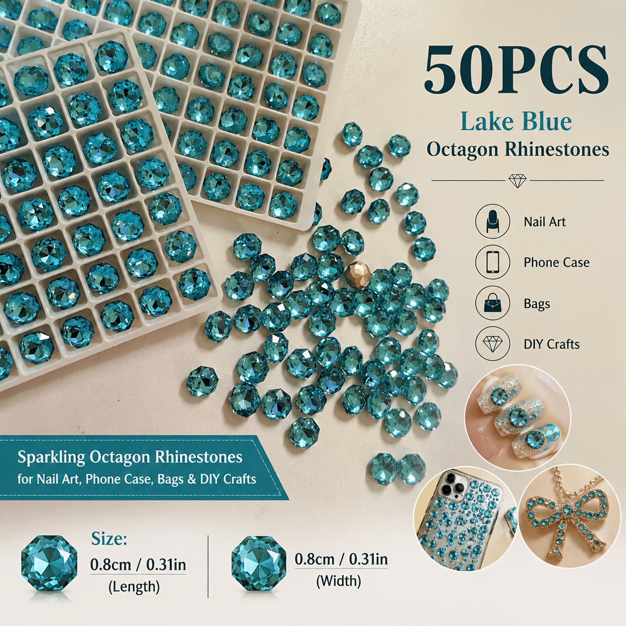 50pcs k9 glass rhinestones 0 8cm lake blue octagon rose shaped pointed   suitable for nail art jewelry making phone case decoration nail stickers layered gemstones multi   sparkling loose gems for craft