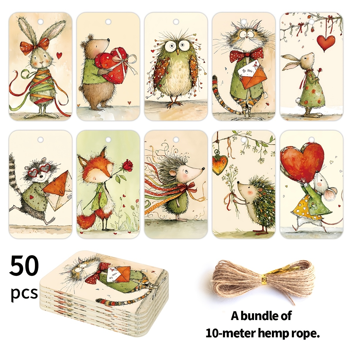 TEMU 50 Stück Vintage Waldtier Geschenkanhänger aus Papier mit 10 Metern Seil, skurrile handgezeichnete Aufhänger mit Hasen, Katzen, Bären, Igel,