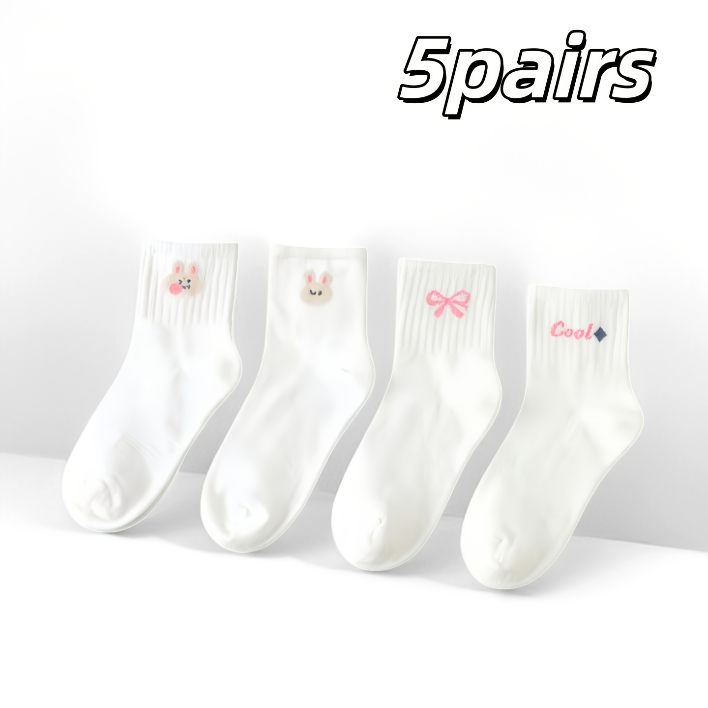 TEMU 5/10 Pairs Of White Random Cute Graphic Women's Mid-tube Socks, Multiple Patterns, Exquisite, Easy, Elegant, Comfortable And Warm, Anti-odor,