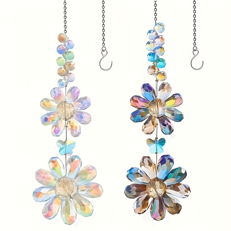 TEMU 2pcs Flower Light Catcher Hanging Decorations, Glass Prism Window Pendant With Colorful Reflection, Indoor Outdoor Garden Decor For Wedding,