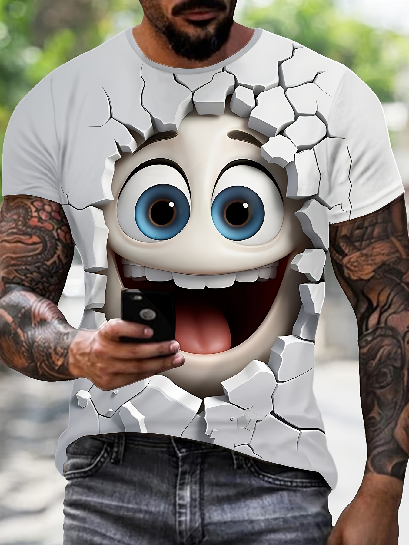 Men's 3D Printed Novelty T-Shirt - Stretchy, Comfortable Casual Tee for Outdoor Activities, Round Neck, Machine Washable