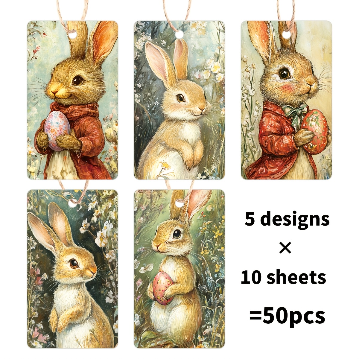 

50pcs Vintage Animal Rabbit Card And Set - Oil Painting Wind Rabbit Design Diy Crafts, Suitable For Party Gift Box Decoration, Vintage Label Hanging Cards For