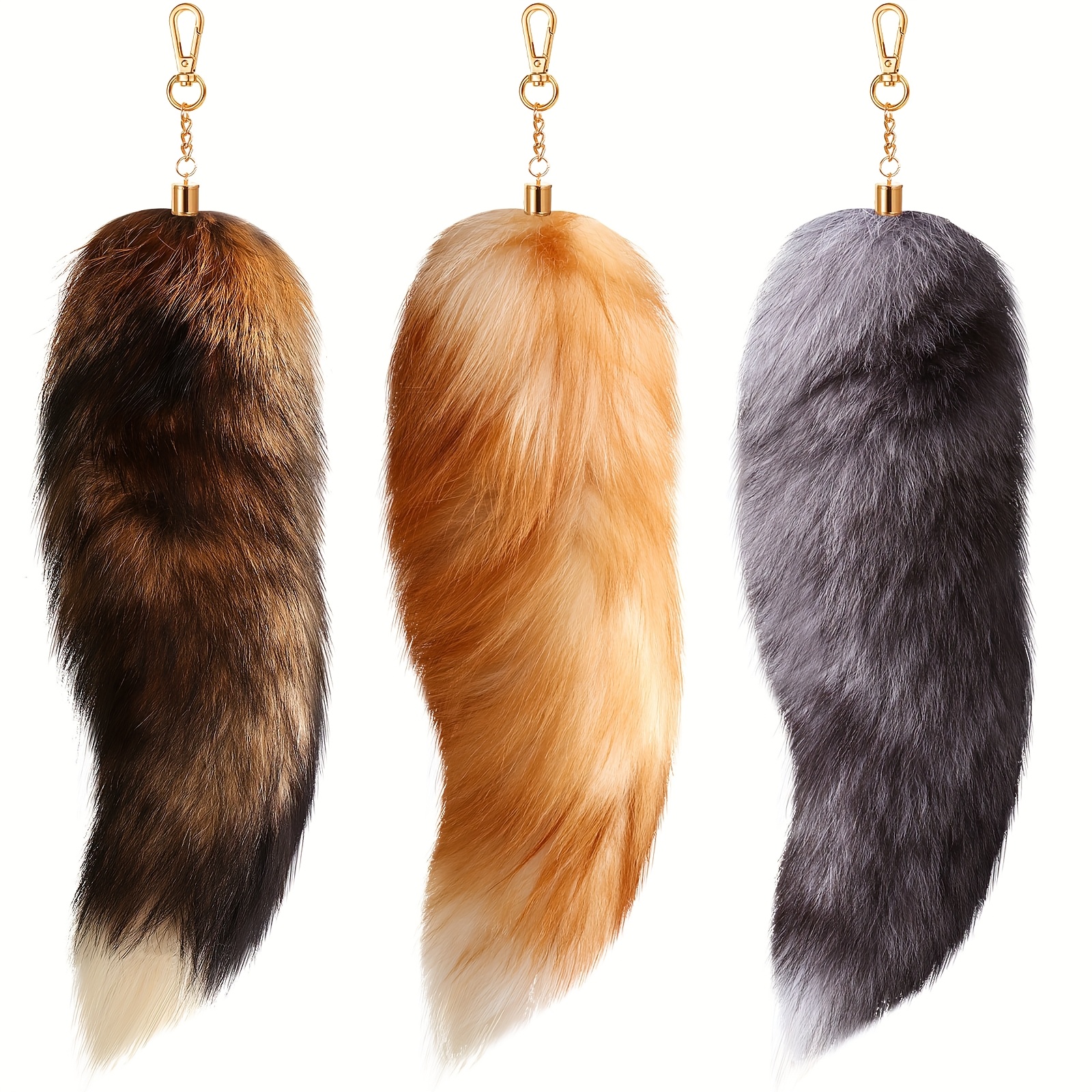 3pcs Real Fox Tail Fur Keychain - Oversized Fluffy Faux-Fur Keychain with Golden-Tone Clasp, 3 Colors (Brown/Gray/Black-White) - Unique Gift for Women, Easter, Mother’s Day, Birthdays & Parties, Party Accessories | Elegant Decoration | Luxurious Feel