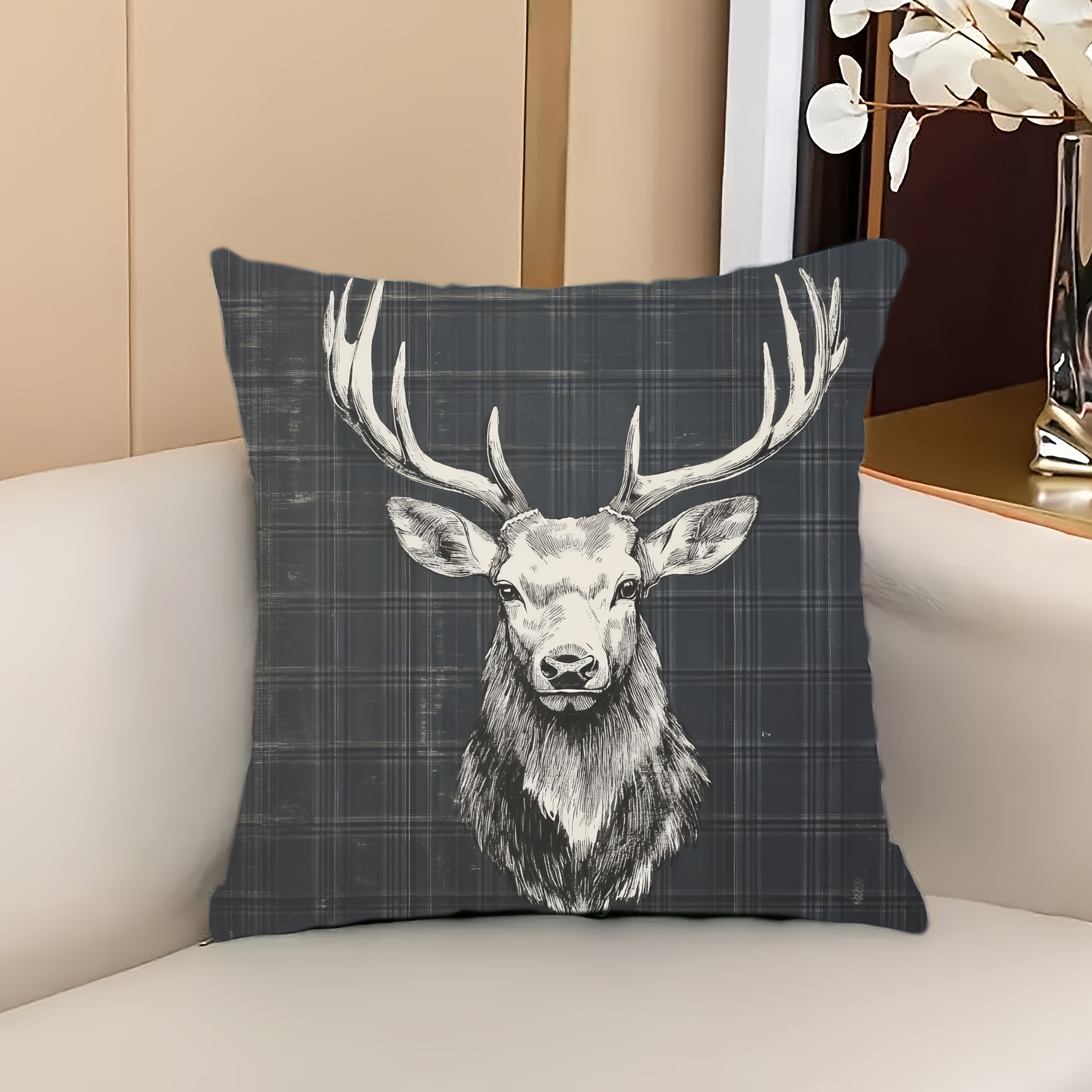 

1pc Vintage Style Polyester Stag Head Cushion Cover, 18x18 Inch, Grey Tartan, Hypoallergenic, Zipper Closure, Hand Wash Only, Woven Decorative Pillowcase For Living Room Sofa Bedroom - Bbsa9436