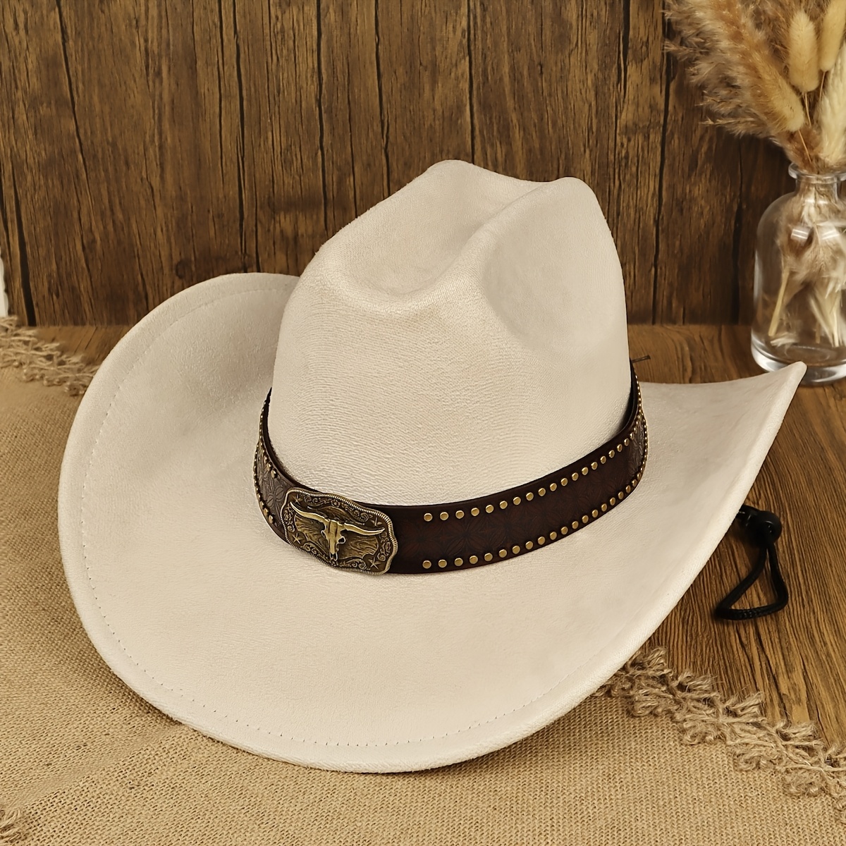TEMU 1pc Vintage Western Cowboy Hat Men Women Easy Suede Velvet Wide Brim Cowboy Hat, Adjustable Rope, Retro Exquisite Carved Rivet Inlaid Belt