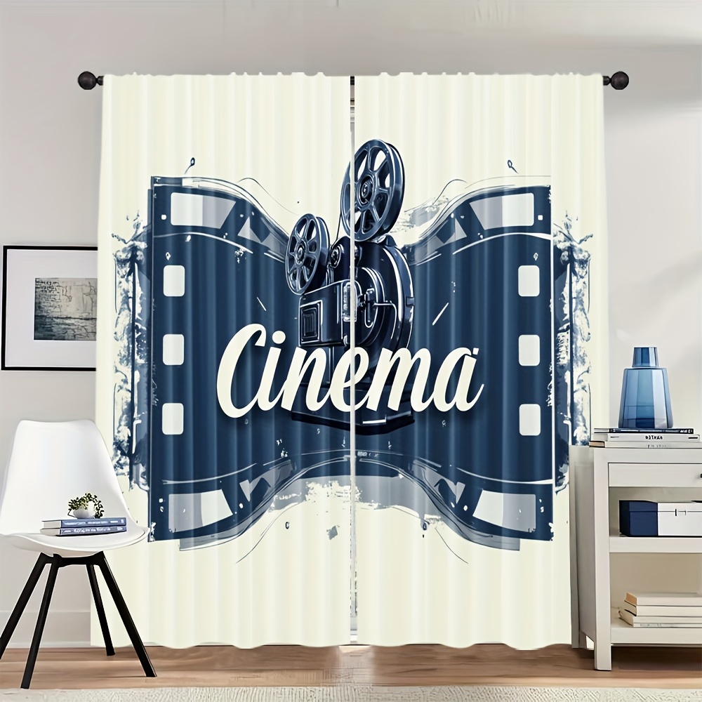 2pcs   decorative curtains movie theater poster design with strip frame 100 polyester light filtering rod free curtains for living room bedroom kitchen bathroom contemporary   decor kitchen curtain   theme design textured fabric
