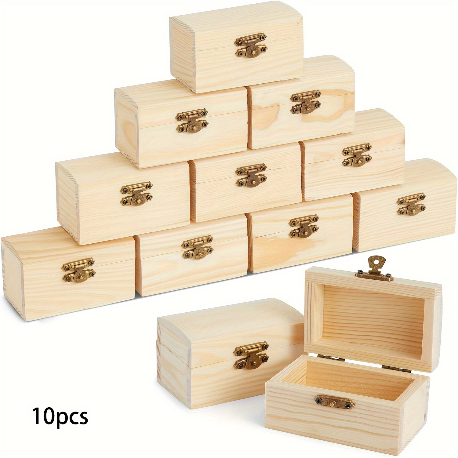 

Lot de 10 coffres au trésor en bois brut avec couvercle et fermoir pour loisirs créatifs, cadeaux de fête et décorations de pirate - Matériau en bois naturel