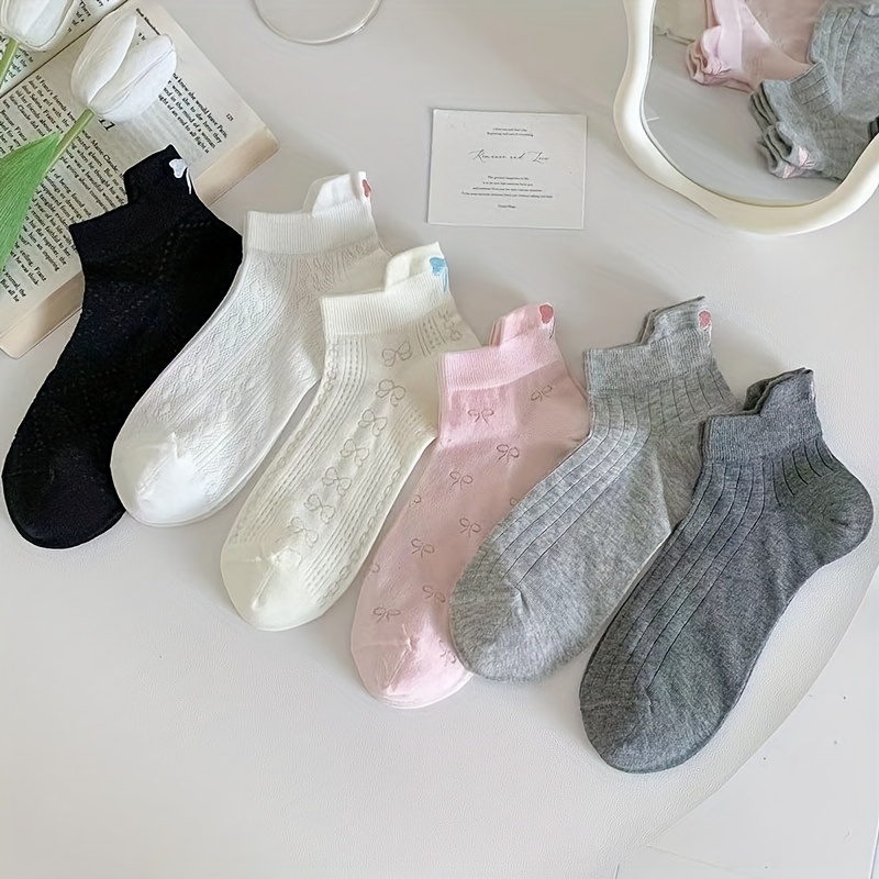 TEMU And 6 Pairs Of Women's Socks With Embroidered Bows, Breathable And Thin For Summer, Featuring A Cute Mid-length Design