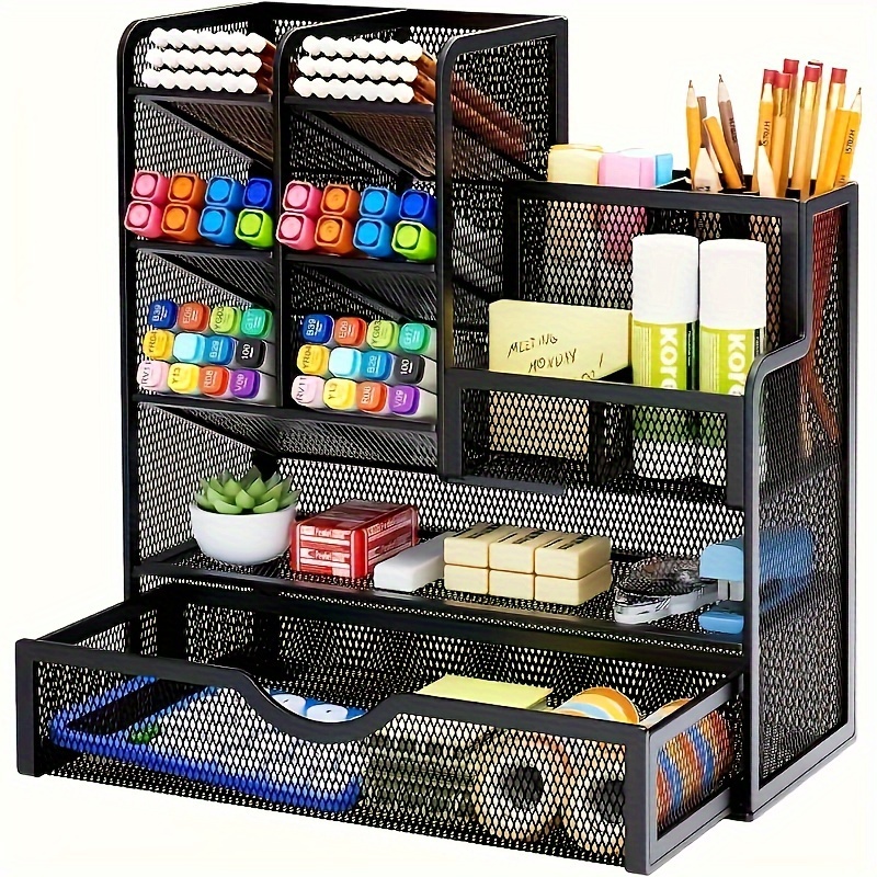 E-shop 1 Stück Eisen-Gitter Schreibtisch-Organizer mit Schublade – Multifunktionaler Stiftehalter, Büro-Kunstbedarf-Aufbewahrung, rutschfeste Füße,