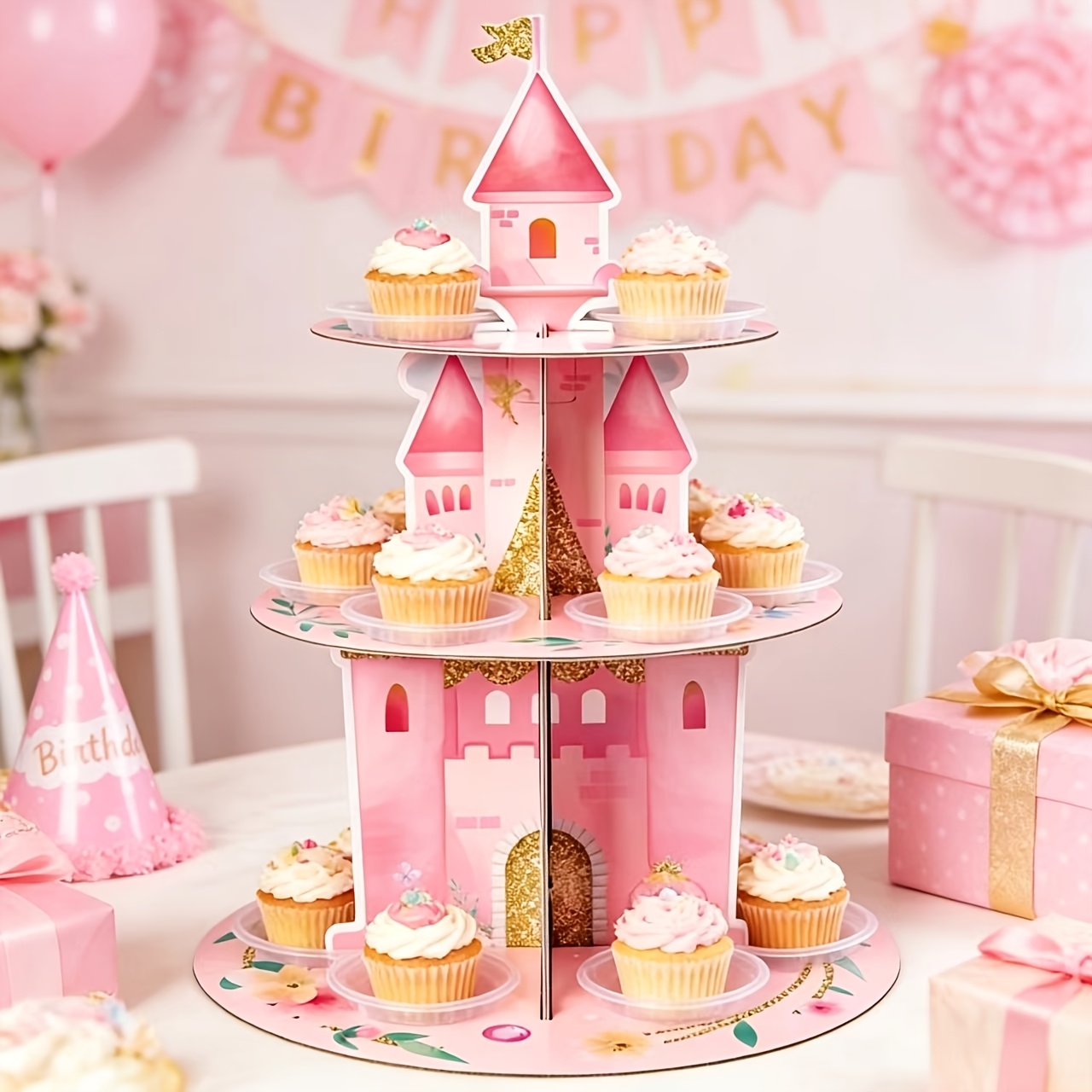 TEMU Présentoir à gâteau rose épais à 3 étages de 16,5 pouces, support de décoration de dessert pour fête d'anniversaire de princesse, décoration de