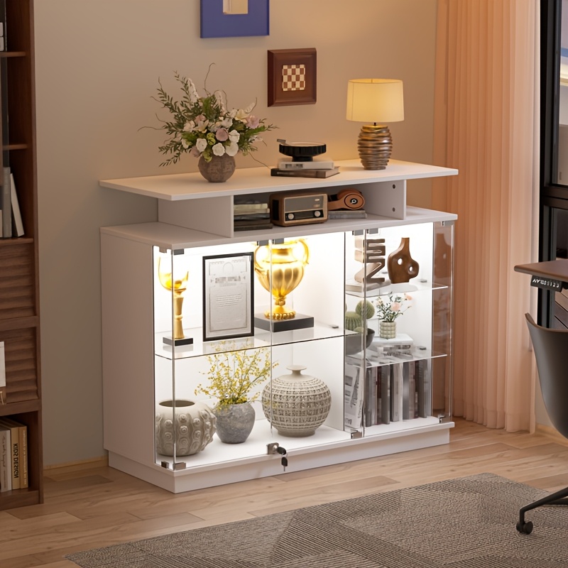 Image of Living Room Glass Display Sideboard, Glass Display Case With Lockable Glass Doors, Open Shelves And Large Desktop, For Living Room, Office, White