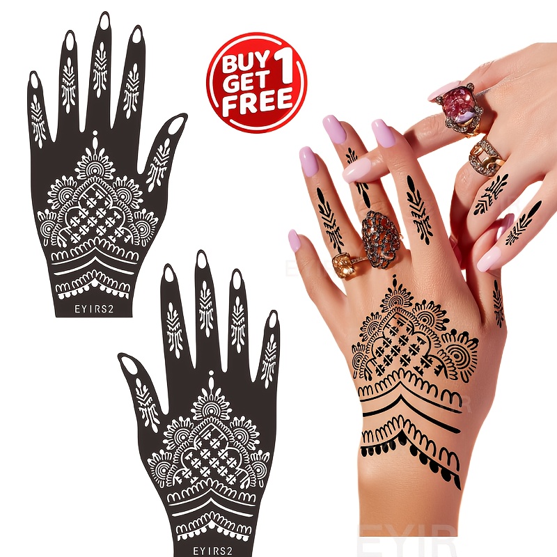 Image of 4pcs Eyir Free Henna Tattoo Stencils - Self-adhesive Reusable Temporary Black Hand & Nail Templates Suitable For Bridal, Wedding, Nail Art, Christmas, Birthday Parties, Diy Stencils For Henna Designs