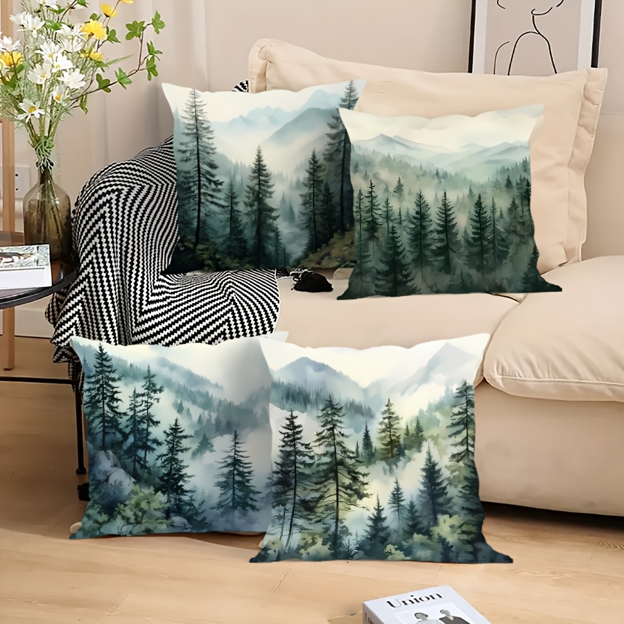 

4pcs Spring And Summer Mountain Mist Pine Tree Pillowcase, Velvet Printing Craft, Machine Washable, Suitable For Bedroom, Living Room, Sofa, Office Cushion Cover, Without Core