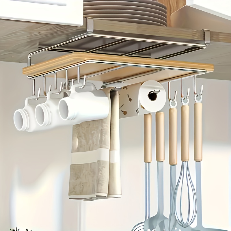 

Stainless Steel Hanging Kitchen Storage Rack With Mug Hooks, Paper Towel And Utensils Holder - Multipurpose Cabinet Organizer, Polished Finish - 1pc