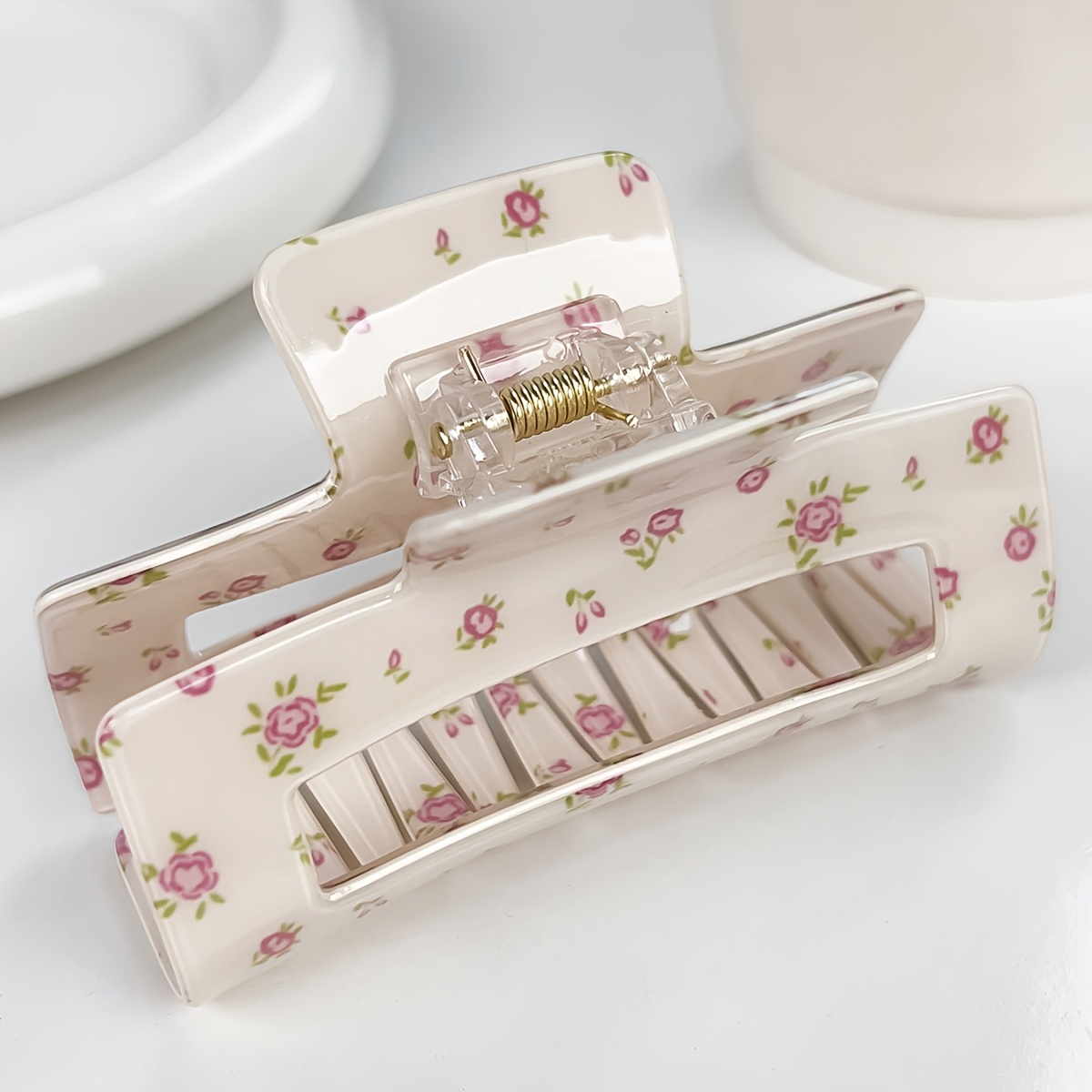 Cream White Rose Floral Hair Claw Clip, Strong Hold