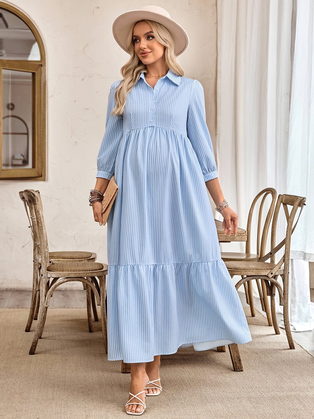 's \u0026 White Striped Maternity Maxi Dress with Collar \u0026 ¾ Sleeves - A-Line  Pregnancy Dress for Nursing * Wear * - Machine Washable Elegant Pregnancy  Wedding Guest Dress maternity wedding dresses sold on Temu United States