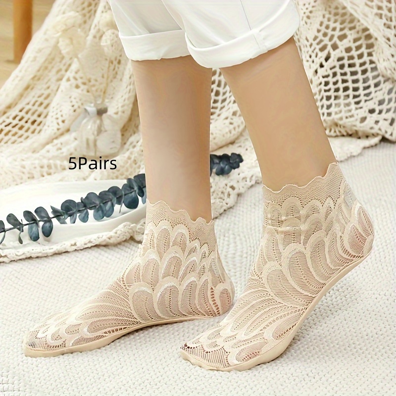 5 Pairs Of Women&;s Short Invisible Socks, Cute Solid Color Breathable Mesh Lace Trim Non-slip Ankle Socks
