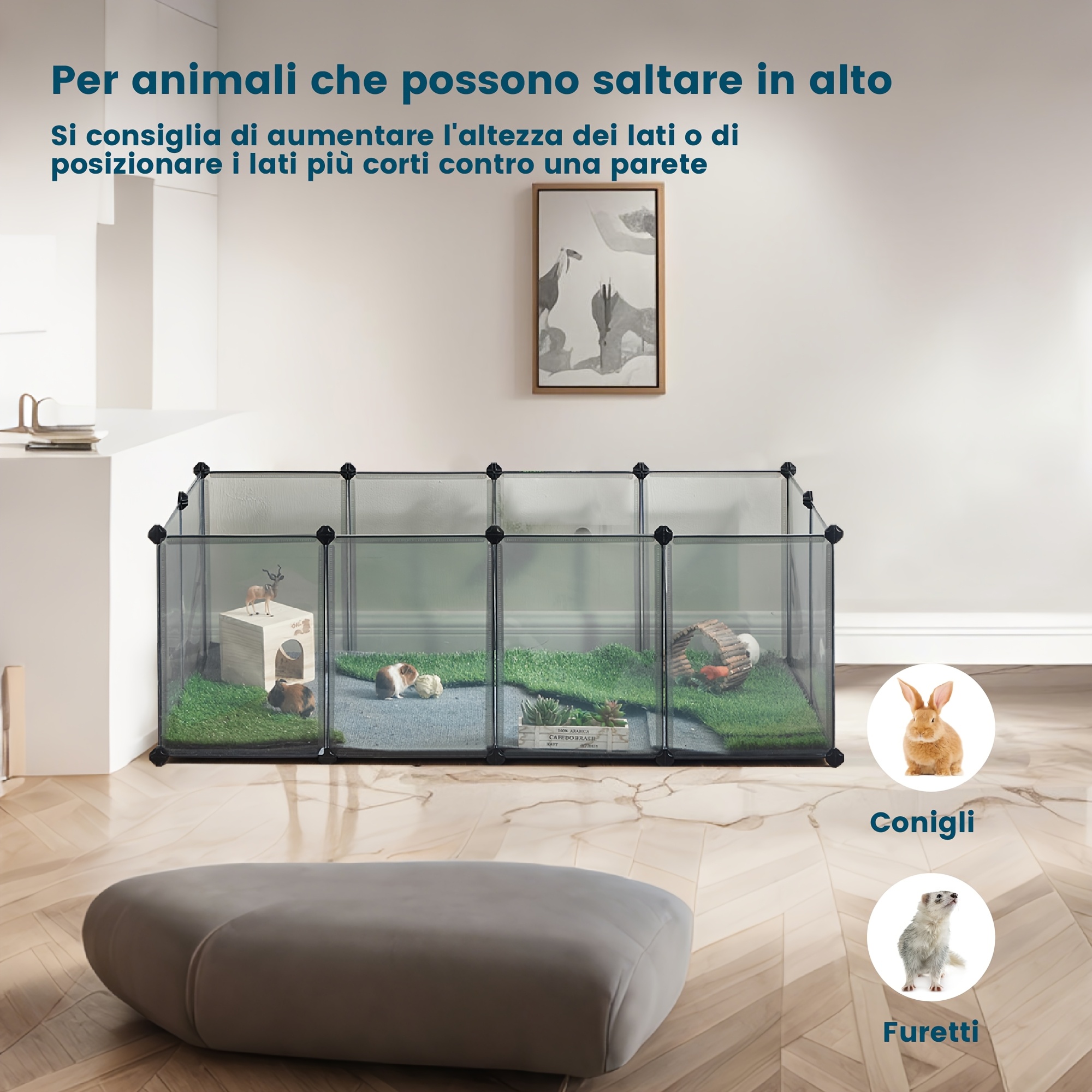 E-shop Außengehege mit Bodenplatten, Laufstall, Meerschweinchengehege, aus Kunststoff, für Hamster, Kaninchen, 143 x 73 x 46 cm