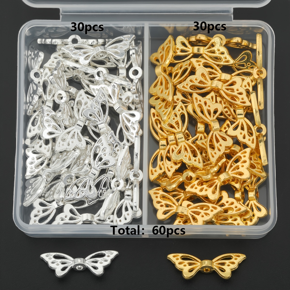 TEMU 60pcs Diy Spacer Bead Set, Hollow Wing Shaped Spacer Beads, . 22mm, Alloy Through-hole Loose Beads, Decorative Beads, Bead Connectors, Handmade