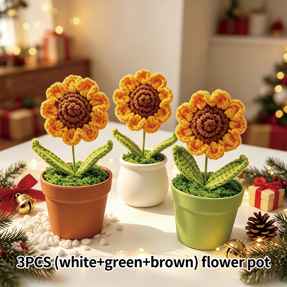 TEMU 3pcs Hand-crocheted Sunflower Mini Potted Plants, Artificial Woven Flower Pot Ornaments, Tabletop Decorations That Don't Need Watering, Cute