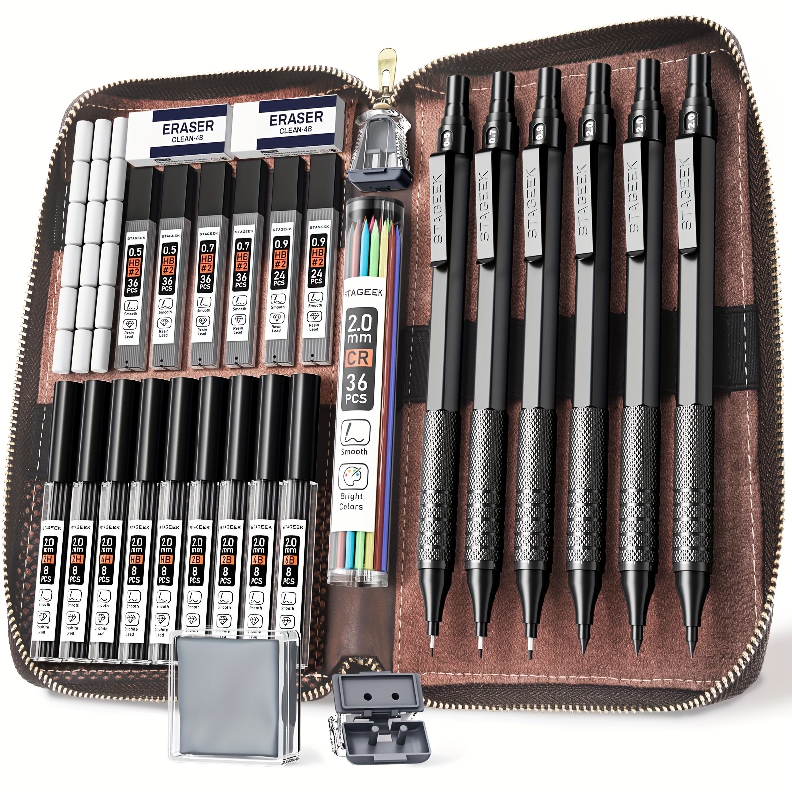 TEMU 30pcs Art Metal Mechanical Pencil Set With Leather Case, 6pcs Art Drafting Pencils 0.5, 0.7, 0.9, 2.0mm Mechanical Drawing Pencils With 300pcs