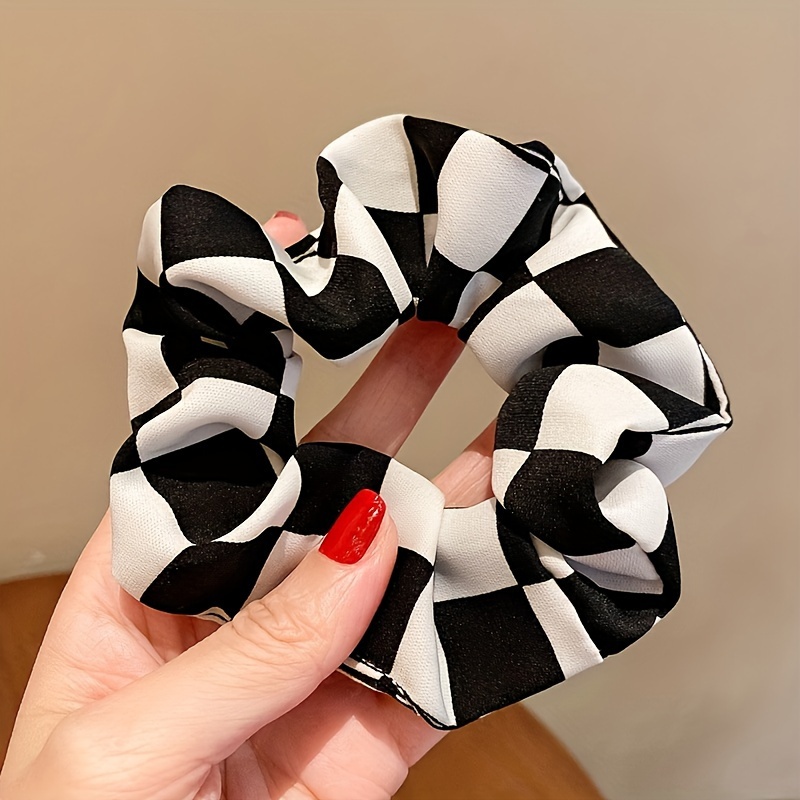 Image of 1pc Modern Checkerboard Black And White Scrunchie, Women's Hair Tie, Exquisite Hair Accessory