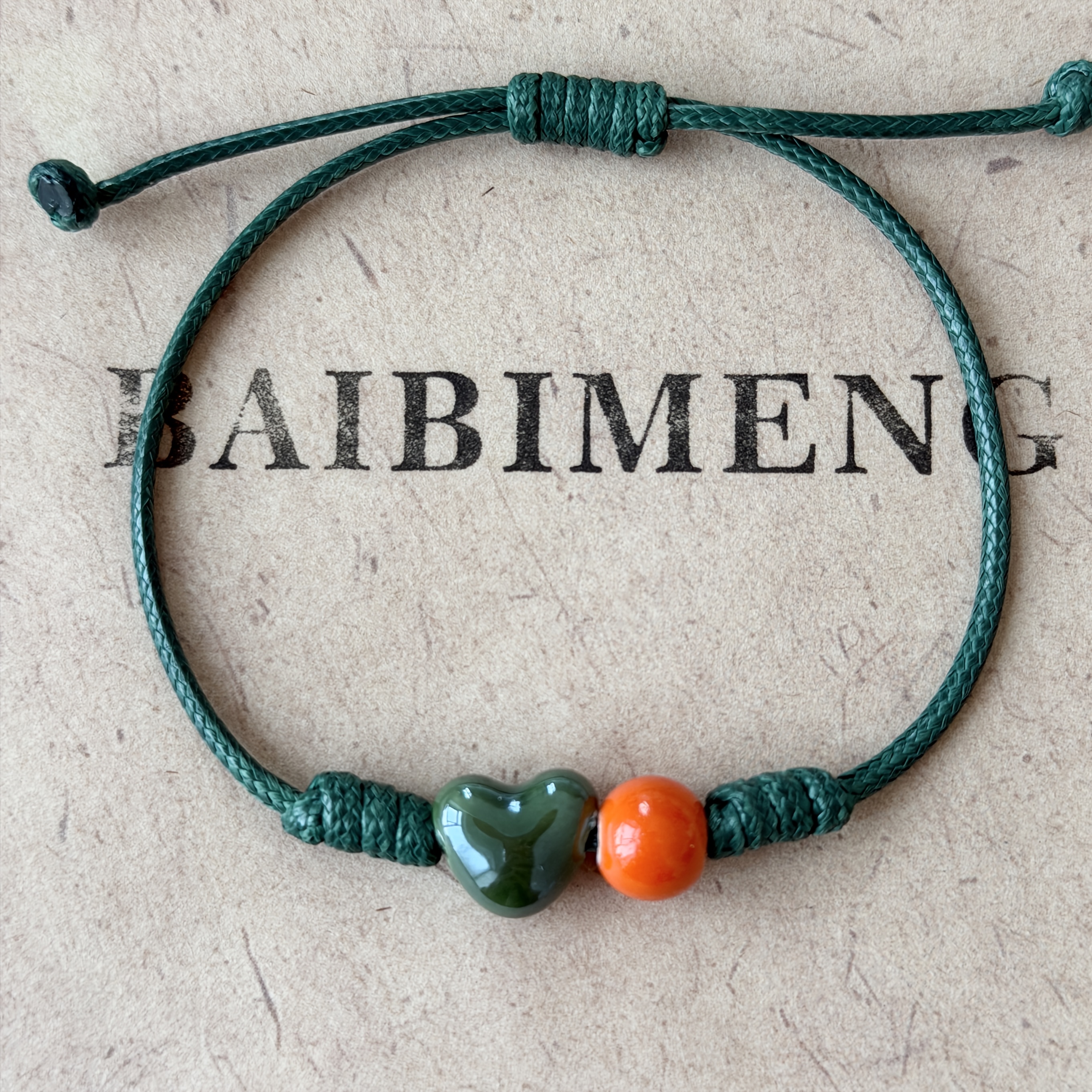 Women's Handmade Ceramic Green Heart Bracelet, Adjustable Length