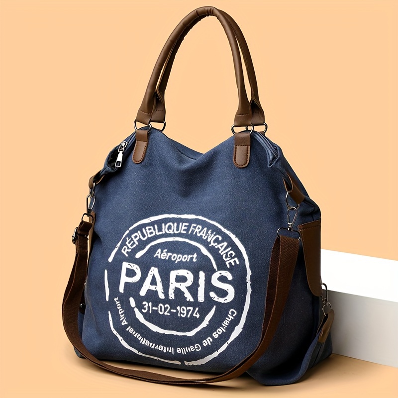 

Large Canvas Tote Bag With Paris Print, Fashionable Retro Style, Casual 1 Shoulder Crossbody Design, Detachable Strap