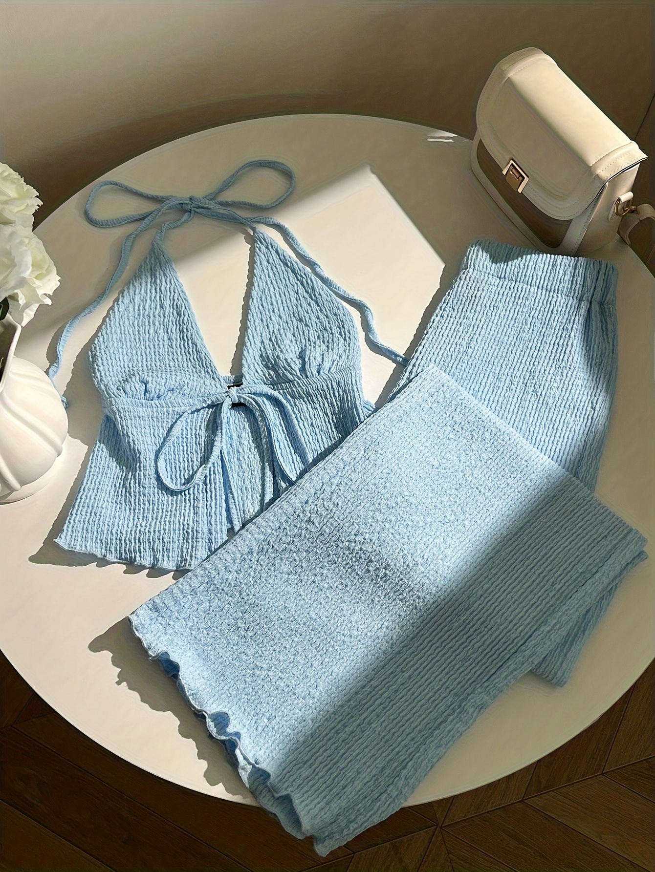 elegant and fashionable   spring   womens halter neck backless waist cinching top with loose wide leg pants beach pool 2pcs set asd1