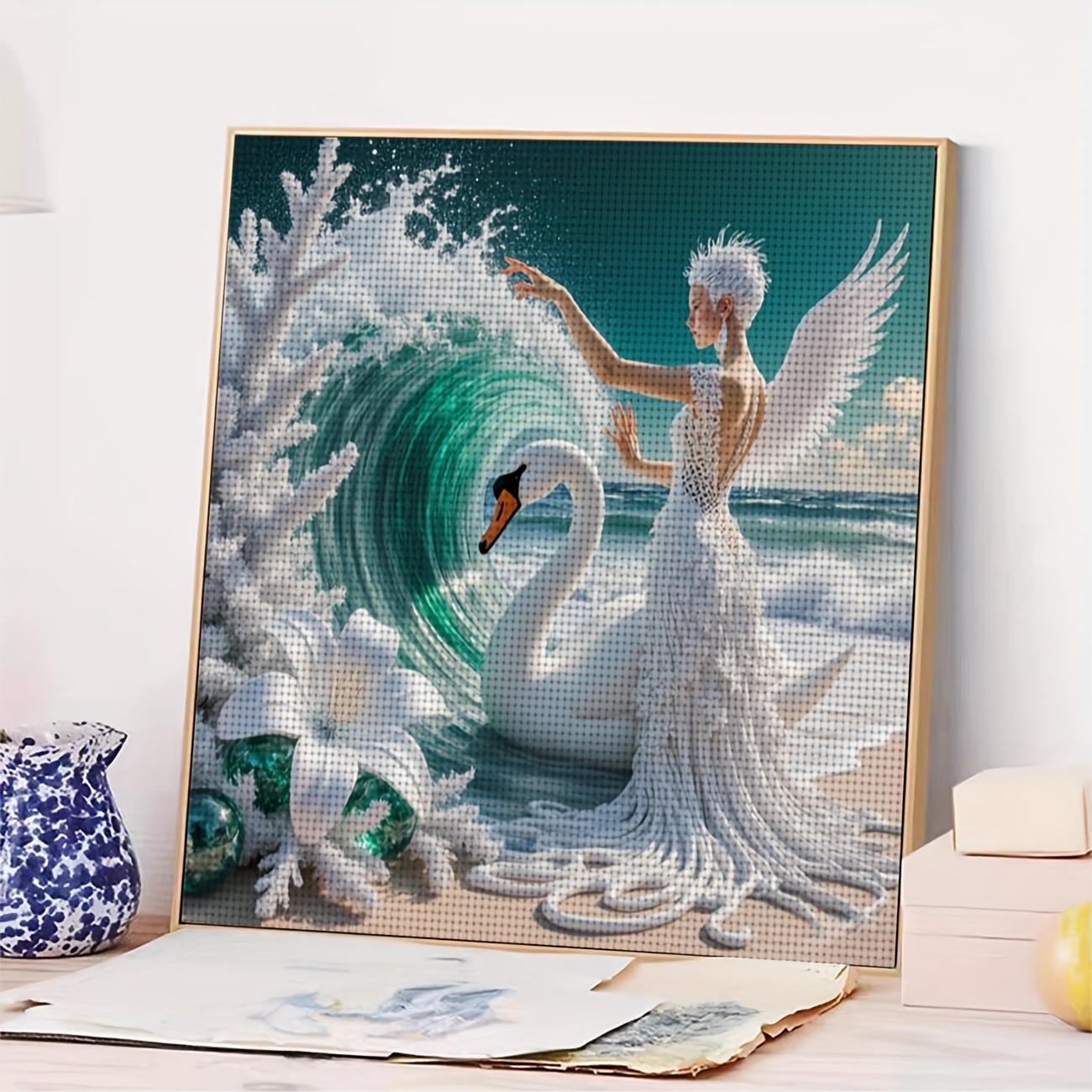 Printed Cross Stitch Kit 'White Winged Angel with Swan' for Beginners