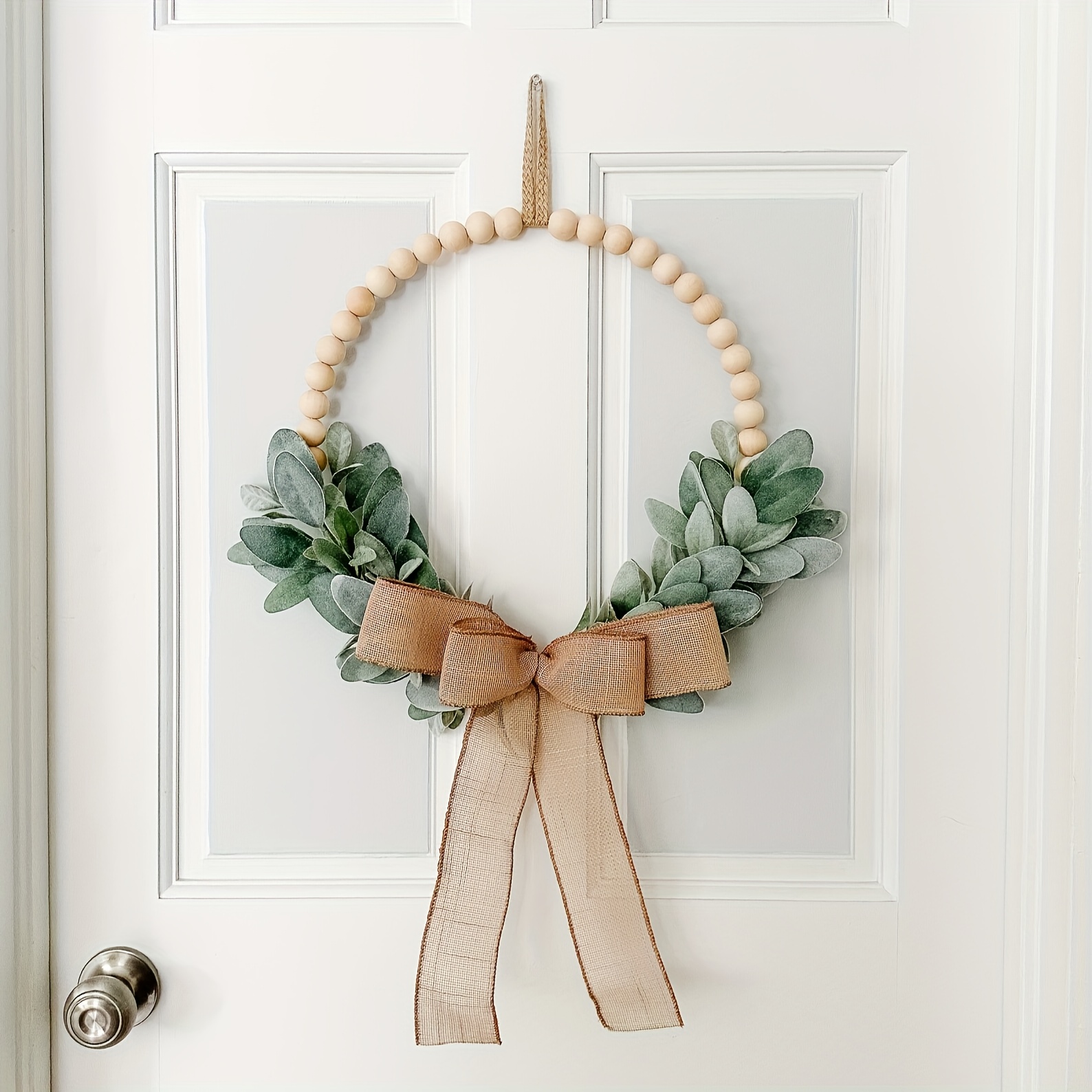 

Farmhouse Wreath With Wooden Beads, Long Linen Bow & Lamb Ears - Room Wall Decor