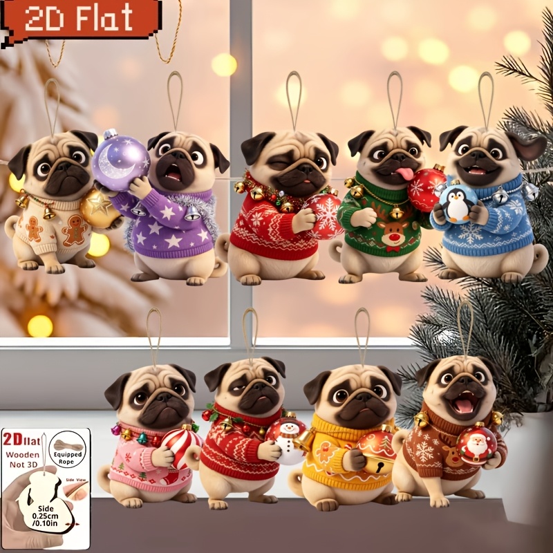 TEMU 2d Flat] 9pcs - Cute Warm Clothing Christmas Little Pug Design Christmas Wooden Hanging Ornaments, Christmas Hanging Ornament Set, Personalized