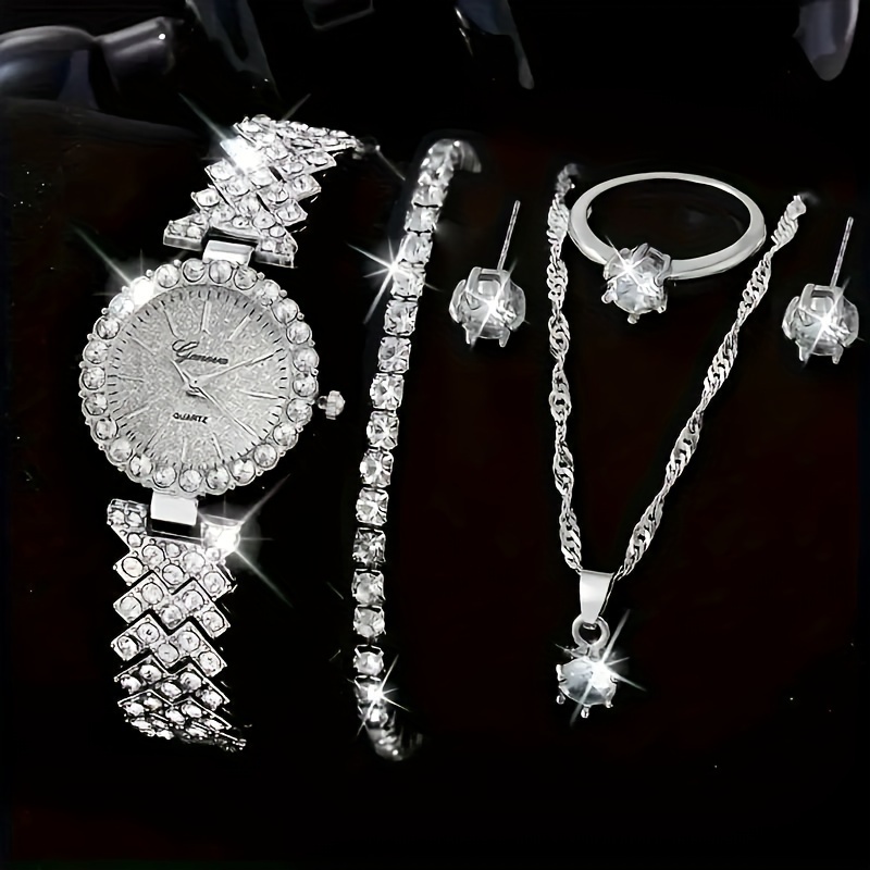 

6pcs Rhinestone Quartz Watch For Women With Rhinestone Set Elegant Casual Analog Timepiece Ideal Gift Gifts For Eid