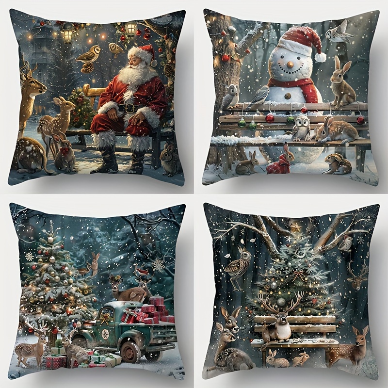 

Contemporary Christmas Throw Pillow Covers Set Of 4 - 18x18 Inch Polyester Decorative Cushion Cases With Zipper For Living Room - Woven Santa And Reindeer Holiday Print, Hand Wash - Without Inserts