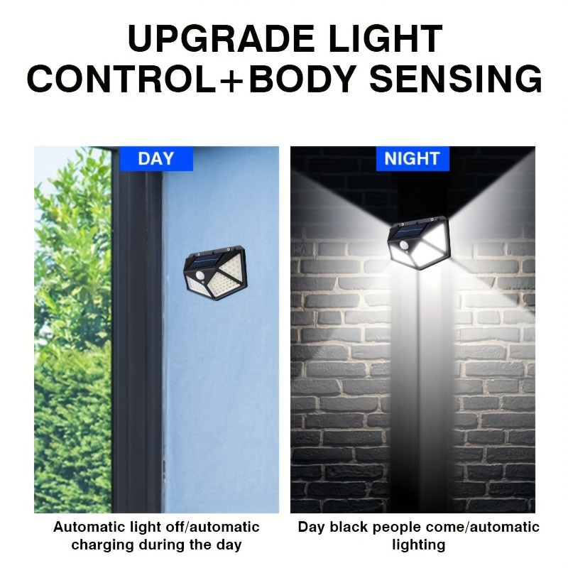 100 LED Induction Light, Solar Charging, Outdoor Waterproof, Intelligent Light Induction, Automatic Brightness Adjustment, Courtyard Wall Light on All Sides of The Human Body Induction Wall Lamp Outdoor Light, Outdoor Lighting, Courtyard Illumination, Sleek Design, Contemporary Lamp, Solarpowered Design, Longlasting Battery, Energyefficient Lamp, Motion Sensor Light, Outdoor Enthusiasts, Security Lighting