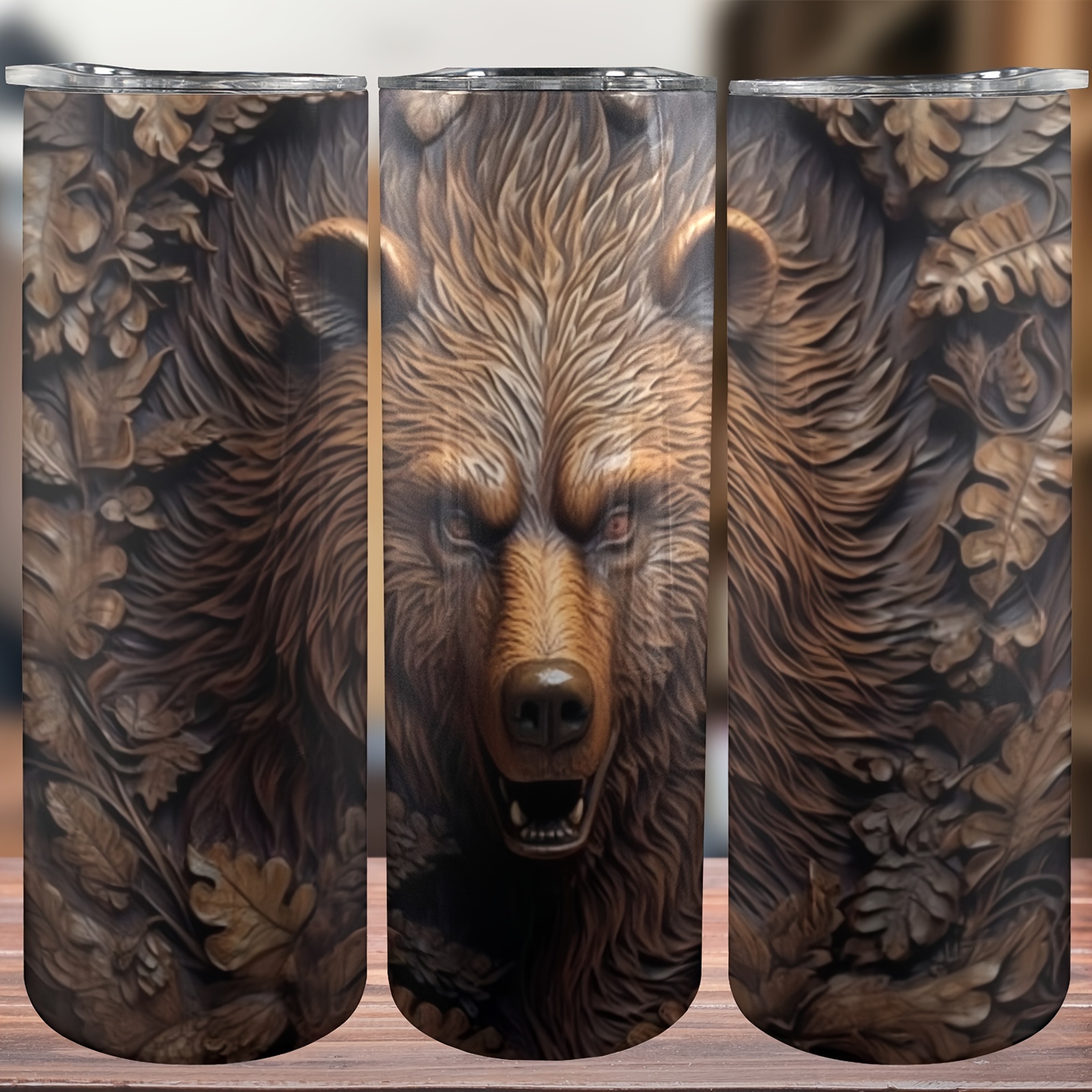 

1pc 20oz 3d Bear Wood Carving Design Stainless Steel Tumbler With Lid And Straw - Insulated Water Bottle For Outdoor, Travel - Ideal Christmas And Valentine's Day Gift For Best Friend