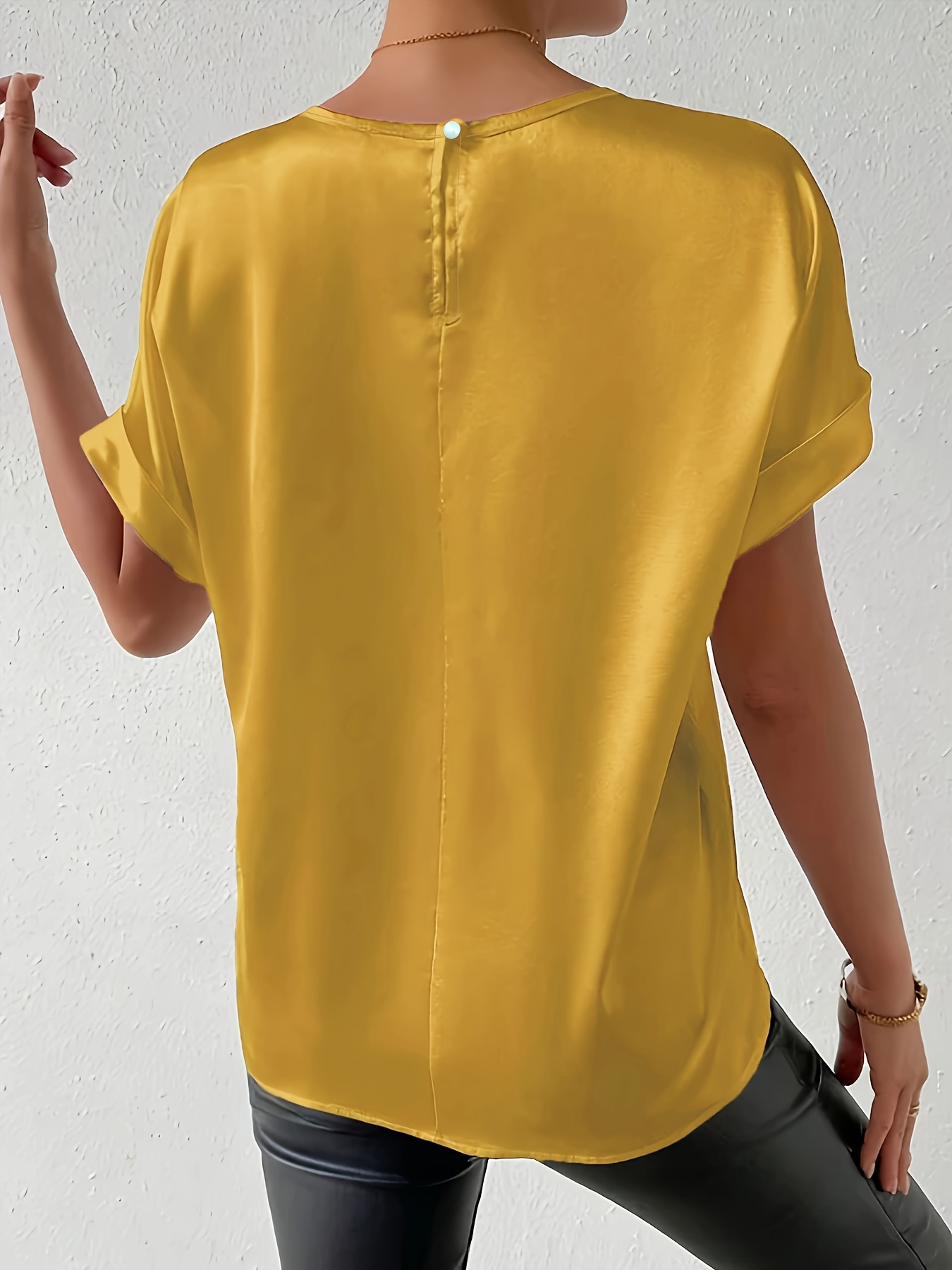Women'S Plus Size Light Blue Woven Blouse - Elegant Short Sleeve Crew Neck, Solid Color, Non-Stretch Fabric, Perfect for Summer, Casual Summer Wear|Sleek Fitted Look|Nonstretch Material, Plus Size Blouses