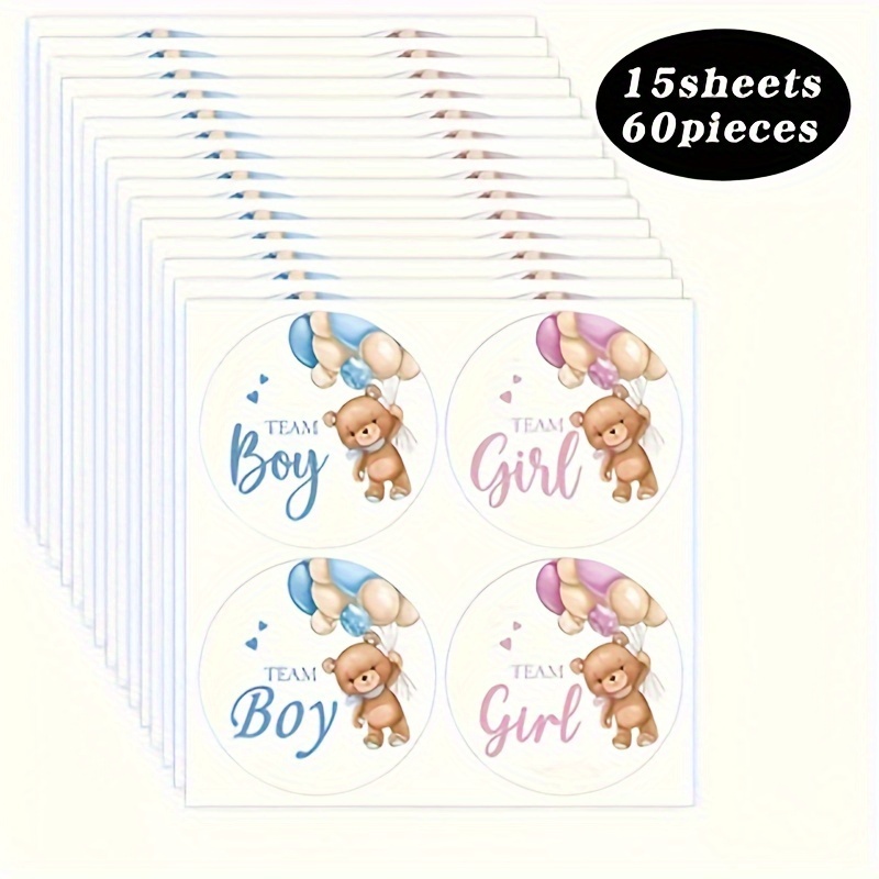 Image of 60pcs Gender Reveal Sticker Set - Team With Cute Cartoon , Self-adhesive, , Perfect For Shower & Party Decorations, Gender Reveal Decorations