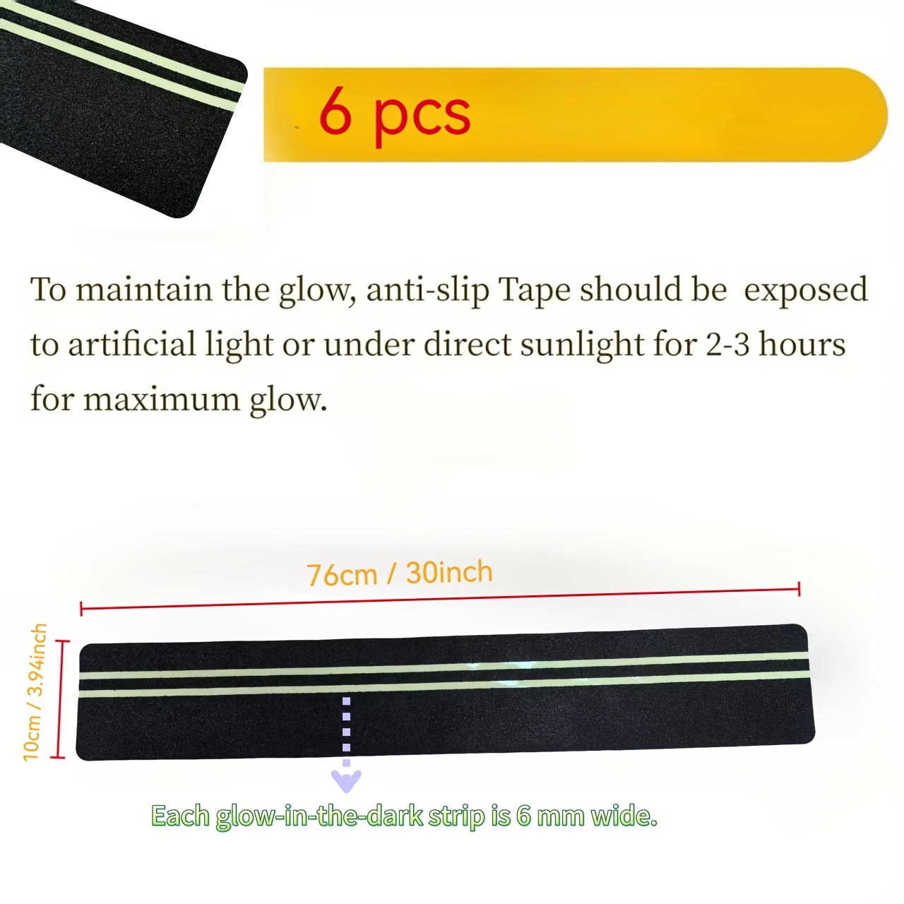 TEMU 6pcs - Dual Strip Luminous Anti-slip Grips, 10cm X 76cm, High Friction, Waterproof And Slip-resistant, Suitable For Outdoor Steps, Basement