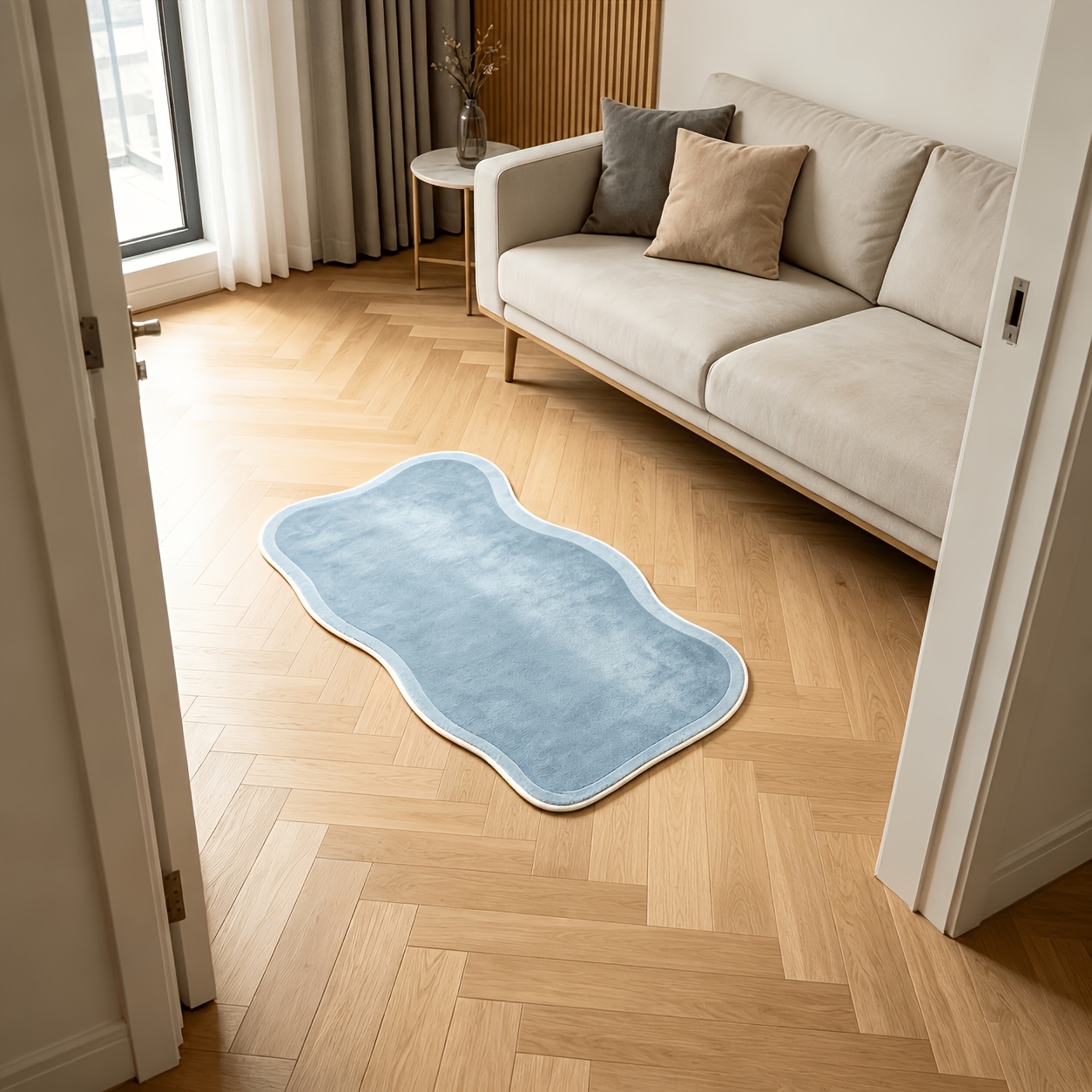 TEMU [ Product] 1pc Carpet, Creative Easy High-end Luxurious Light Blue Wavy Irregular Shape Pattern, Irregular Carpet, Very Suitable For Decorating