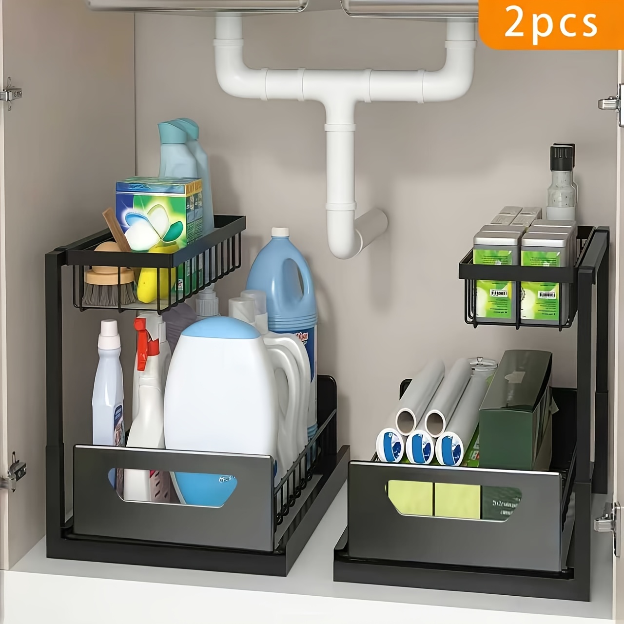 TEMU Set Of 2 Carbon Steel Under-sink Organizer Racks Featuring A Convenient Pull-out Design, Racks Are Storage Solutions For The Bathroom, Kitchen,