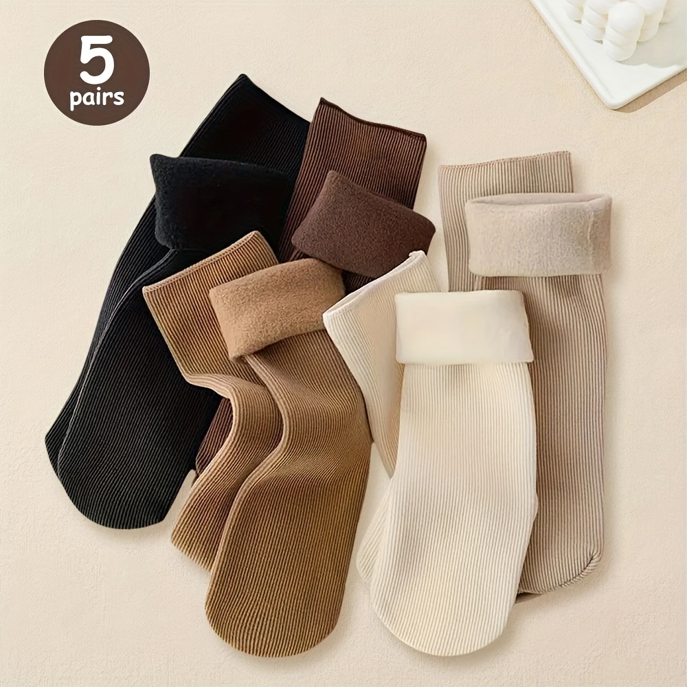 Image of 5 Pairs/set Color Random New Autumn Winter Adult Warm Medium Tube Floor Socks Plush Thicken Thermal Men Women Fashion Solid Color Snow Socks