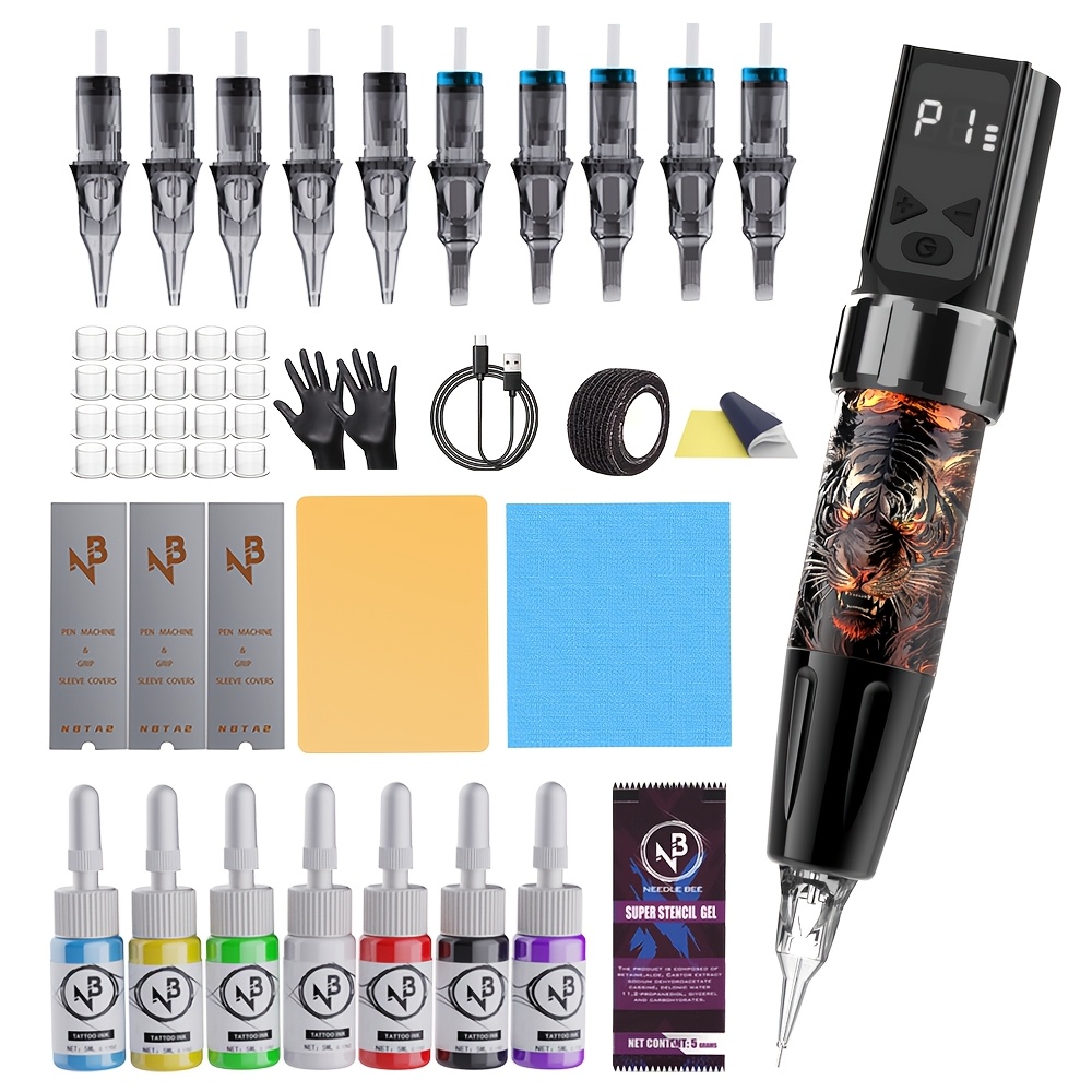 Wireless Tattoo Gun Set, Equipped With 1100mah Power Supply, 10 Tattoo Needles, 7 Bottles Of Practice Ink And Color Mixing Cups, And Other Tattoo Supplies, Is For Beginners And